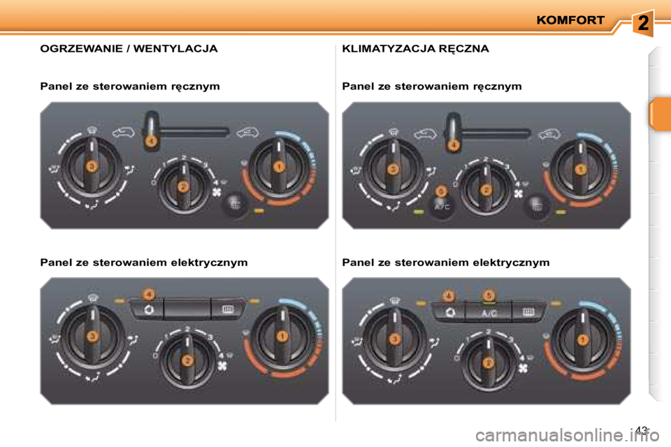 PEUGEOT 207 2007.5  Instrukcja obsługi (in Polish) 43
� � � � � � � � � � � � � � � � � � � � � �O�G�R�Z�E�W�A�N�I�E� �/� �W�E�N�T�Y�L�A�C�J�A� 
� � �P�a�n�e�l� �z�e� �s�t�e�r�o�w�a�n�i�e�m� �r'�c�z�n�y�m� �  
� � �P�a�n�e�l� �z�e� �s�t�e�r�o�w�a