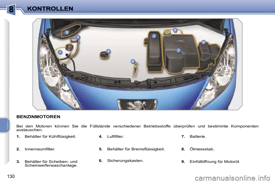 PEUGEOT 207 2007  Betriebsanleitungen (in German) �1�3�0
�B�E�N�Z�I�N�M�O�T�O�R�E�N� 
�B�e�i�  �d�e�n�  �M�o�t�o�r�e�n�  �k�ö�n�n�e�n�  �S�i�e�  �d�i�e�  �F�ü�l�l�s�t�ä�n�d�e�  �v�e�r�s�c�h�i�e�d�e�n�e�r�  �B�e�t�r�i�e�b�s�s�t�o�f�f�e�  �ü�b�e�r�