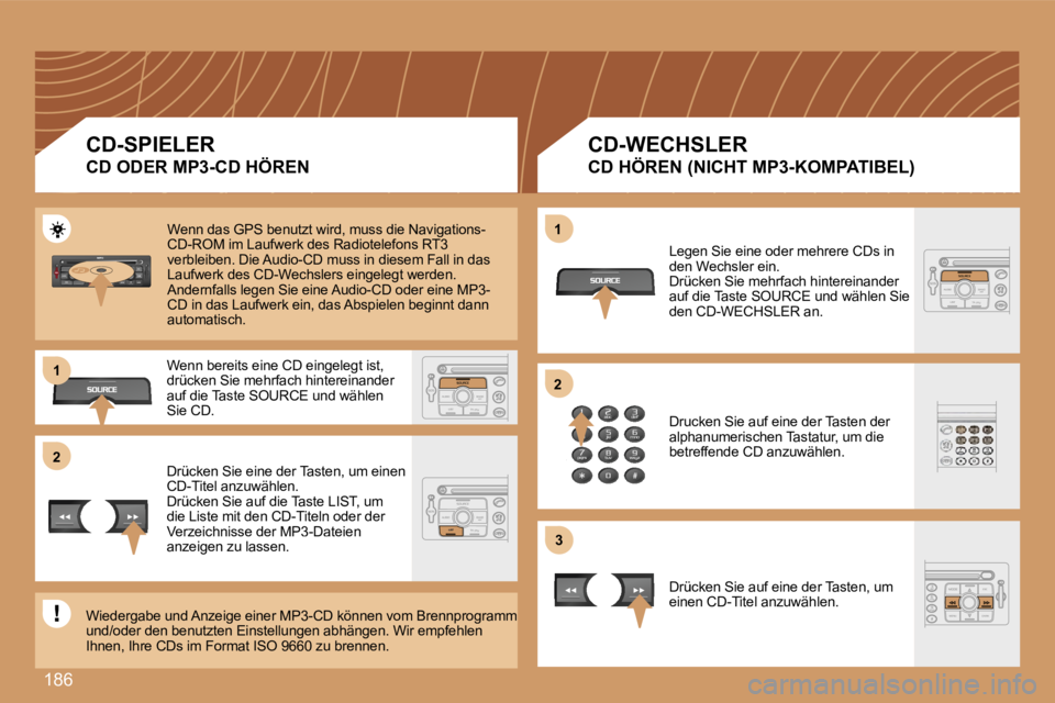 PEUGEOT 207 2007  Betriebsanleitungen (in German) �1�8�6
�2�2
�1�1
�2�2
�3�3
�1�1
�C�D�-�S�P�I�E�L�E�R
�C�D� �O�D�E�R� �M�P�3�-�C�D� �H�Ö�R�E�N� 
�C�D�-�W�E�C�H�S�L�E�R� 
�C�D� �H�Ö�R�E�N� �(�N�I�C�H�T� �M�P�3�-�K�O�M�P�A�T�I�B�E�L�)� 
�W�e�n�n� �d