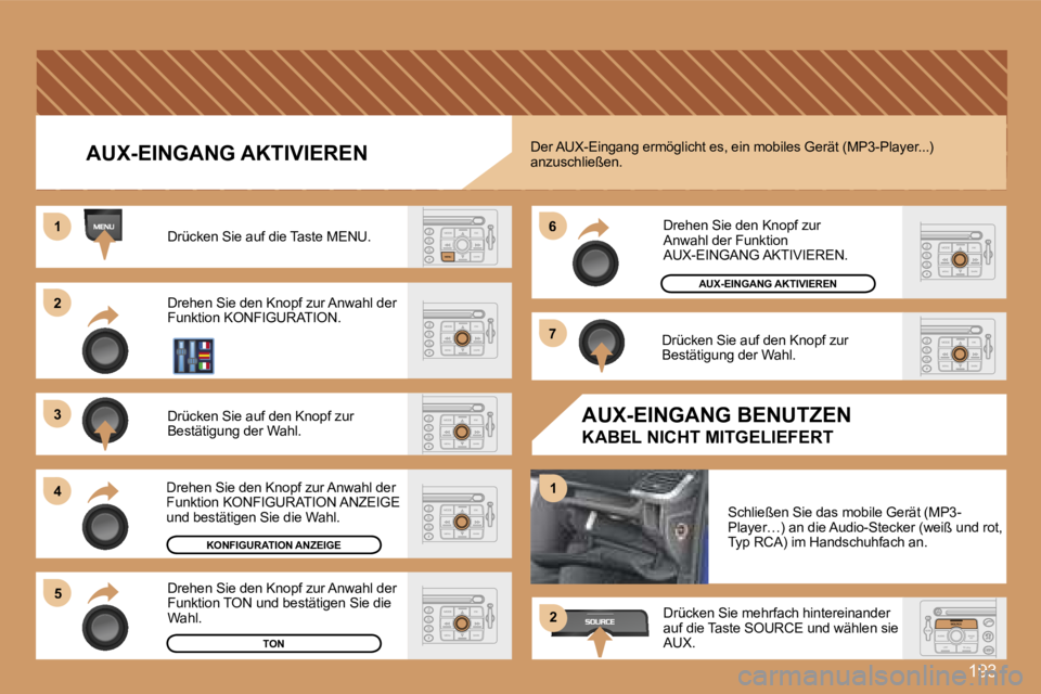 PEUGEOT 207 2007  Betriebsanleitungen (in German) �1�9�3
�2�2
�3�3
�4�4
�5�5
�6�6
�7�7
�1�1
�1�1
�2�2
�A�U�X�-�E�I�N�G�A�N�G� �A�K�T�I�V�I�E�R�E�N� 
�D�r�ü�c�k�e�n� �S�i�e� �a�u�f� �d�i�e� �T�a�s�t�e� �M�E�N�U�.� 
�D�r�e�h�e�n� �S�i�e� �d�e�n� �K�n�