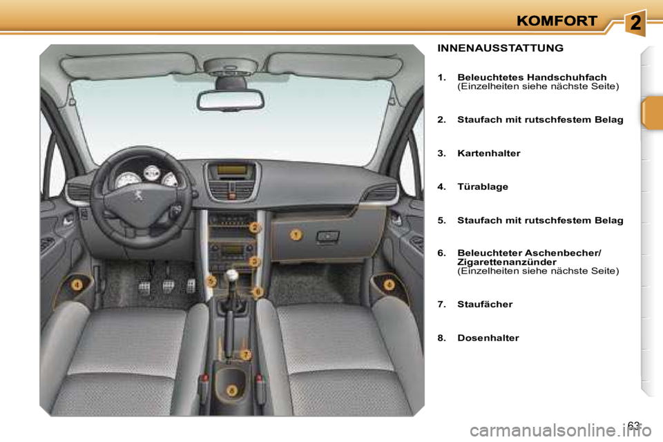 PEUGEOT 207 2007  Betriebsanleitungen (in German) �6�3
�I�N�N�E�N�A�U�S�S�T�A�T�T�U�N�G
�1�.�  �B�e�l�e�u�c�h�t�e�t�e�s� �H�a�n�d�s�c�h�u�h�f�a�c�h�(�E�i�n�z�e�l�h�e�i�t�e�n� �s�i�e�h�e� �n�ä�c�h�s�t�e� �S�e�i�t�e�)
�2�.�  �S�t�a�u�f�a�c�h� �m�i�t� 