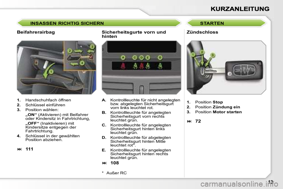 PEUGEOT 207 2007  Betriebsanleitungen (in German) �I�N�S�A�S�S�E�N� �R�I�C�H�T�I�G� �S�I�C�H�E�R�N� 
�B�e�i�f�a�h�r�e�r�a�i�r�b�a�g�  �Z�ü�n�d�s�c�h�l�o�s�s
�1�.�  �H�a�n�d�s�c�h�u�h�f�a�c�h� �ö�f�f�n�e�n� 
�2�.�  �S�c�h�l�ü�s�s�e�l� �e�i�n�f�ü�h