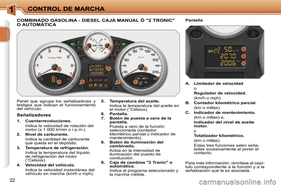 PEUGEOT 207 2007  Manual del propietario (in Spanish) �2�2
�C�O�M�B�I�N�A�D�O� �G�A�S�O�L�I�N�A� �-� �D�I�E�S�E�L� �C�A�J�A� �M�A�N�U�A�L� �Ó� �"�2� �T�R�O�N�I�C�"�  
�O� �A�U�T�O�M�Á�T�I�C�A
�P�a�n�e�l�  �q�u�e�  �a�g�r�u�p�a�  �l�o�s�  �s�e�