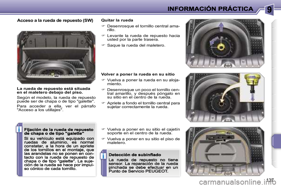 PEUGEOT 207 2007  Manual del propietario (in Spanish) �i
�i
�1�3�7
�A�c�c�e�s�o� �a� �l�a� �r�u�e�d�a� �d�e� �r�e�p�u�e�s�t�o� �(�S�W�)
�L�a� �r�u�e�d�a� �d�e� �r�e�p�u�e�s�t�o� �e�s�t�á� �s�i�t�u�a�d�a� �e�n� �e�l� �m�a�l�e�t�e�r�o� �d�e�b�a�j�o� �d�e�