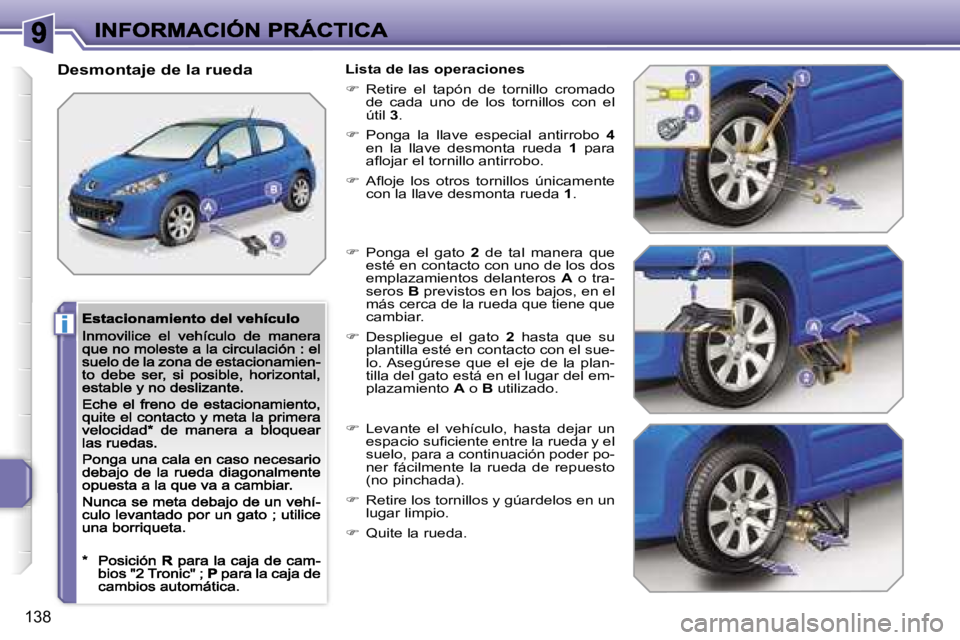 PEUGEOT 207 2007  Manual del propietario (in Spanish) �i
�1�3�8
�D�e�s�m�o�n�t�a�j�e� �d�e� �l�a� �r�u�e�d�a�L�i�s�t�a� �d�e� �l�a�s� �o�p�e�r�a�c�i�o�n�e�s
��  �R�e�t�i�r�e�  �e�l�  �t�a�p�ó�n�  �d�e�  �t�o�r�n�i�l�l�o�  �c�r�o�m�a�d�o� �d�e�  �c�a�