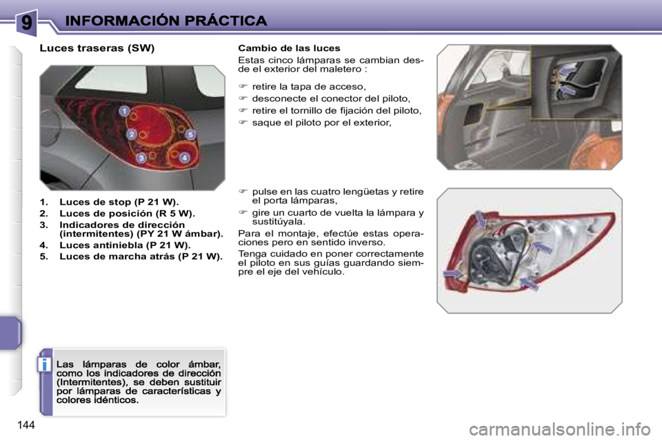 PEUGEOT 207 2007  Manual del propietario (in Spanish) �i
�1�4�4
�L�u�c�e�s� �t�r�a�s�e�r�a�s� �(�S�W�)
�1�.�  �L�u�c�e�s� �d�e� �s�t�o�p� �(�P� �2�1� �W�)�.
�2�.�  �L�u�c�e�s� �d�e� �p�o�s�i�c�i�ó�n� �(�R� �5� �W�)�.
�3�.�  �I�n�d�i�c�a�d�o�r�e�s� �d�e�
