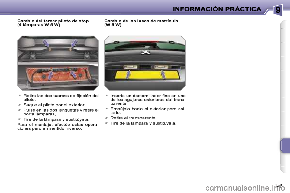 PEUGEOT 207 2007  Manual del propietario (in Spanish) �1�4�5
�C�a�m�b�i�o� �d�e�l� �t�e�r�c�e�r� �p�i�l�o�t�o� �d�e� �s�t�o�p� �(�4� �l�á�m�p�a�r�a�s� �W� �5� �W�)
��  �R�e�t�i�r�e� �l�a�s� �d�o�s� �t�u�e�r�c�a�s� �d�e� �ﬁ�j�a�c�i�ó�n� �d�e�l� �p�