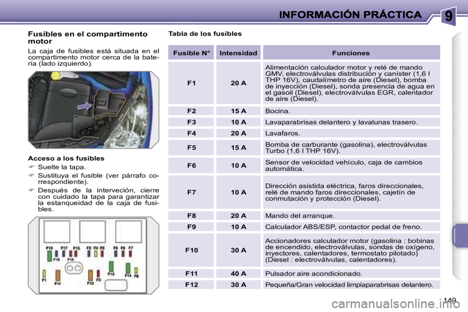 PEUGEOT 207 2007  Manual del propietario (in Spanish) �1�4�9
�F�u�s�i�b�l�e�s� �e�n� �e�l� �c�o�m�p�a�r�t�i�m�e�n�t�o� �m�o�t�o�r
�L�a�  �c�a�j�a�  �d�e�  �f�u�s�i�b�l�e�s�  �e�s�t�á�  �s�i�t�u�a�d�a�  �e�n�  �e�l� �c�o�m�p�a�r�t�i�m�e�n�t�o�  �m�o�t�o�