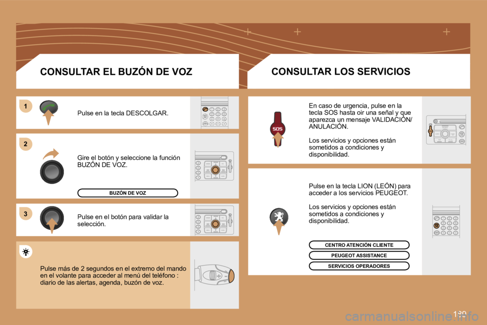 PEUGEOT 207 2007  Manual del propietario (in Spanish) �1�8�9
�1�1
�2�2
�3�3
�G�i�r�e� �e�l� �b�o�t�ó�n� �y� �s�e�l�e�c�c�i�o�n�e� �l�a� �f�u�n�c�i�ó�n� �B�U�Z�Ó�N� �D�E� �V�O�Z�.�G�i�r�e� �e�l� �b�o�t�ó�n� �y� �s�e�l�e�c�c�i�o�n�e� �l�a� �f�u�n�c�i�