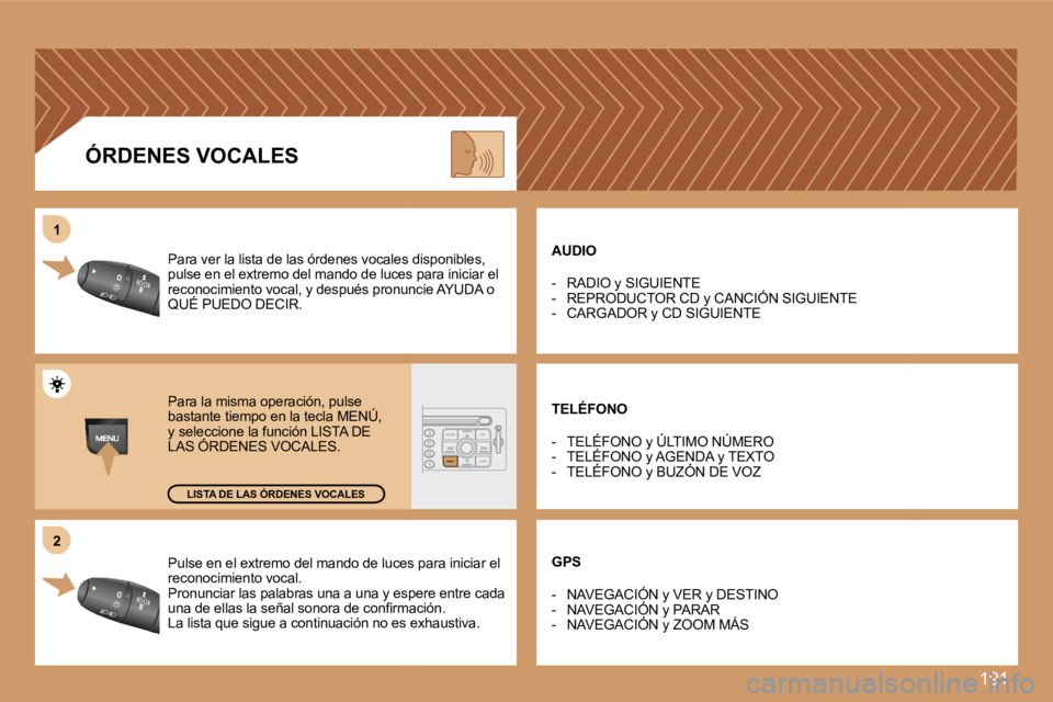 PEUGEOT 207 2007  Manual del propietario (in Spanish) �1�9�1
�2�2
�1�1
�P�u�l�s�e� �e�n� �e�l� �e�x�t�r�e�m�o� �d�e�l� �m�a�n�d�o� �d�e� �l�u�c�e�s� �p�a�r�a� �i�n�i�c�i�a�r� �e�l� �P�u�l�s�e� �e�n� �e�l� �e�x�t�r�e�m�o� �d�e�l� �m�a�n�d�o� �d�e� �l�u�c�