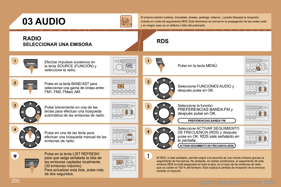 PEUGEOT 207 2007  Manual del propietario (in Spanish) �2�0�0
�1�1
�2�2
�3�3
�4�4
�2�2
�4�4
�3�3
�1�1
�0�3� �A�U�D�I�O
�R�A�D�I�O
�S�E�L�E�C�C�I�O�N�A�R� �U�N�A� �E�M�I�S�O�R�A
�E�f�e�c�t�ú�e� �i�m�p�u�l�s�o�s� �s�u�c�e�s�i�v�o�s� �e�n� �l�a� �t�e�c�l�a�
