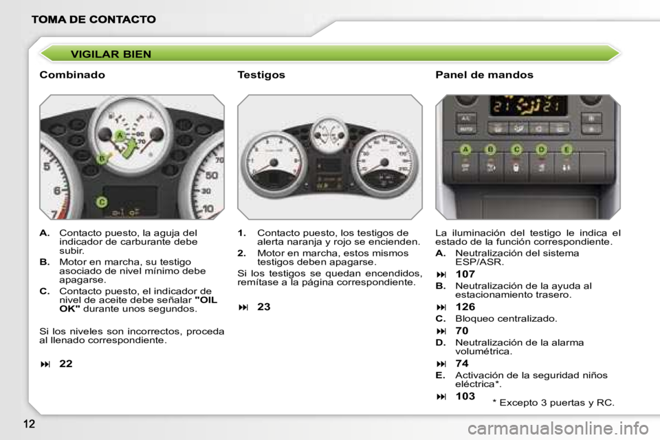 PEUGEOT 207 2007  Manual del propietario (in Spanish) �V�I�G�I�L�A�R� �B�I�E�N
�C�o�m�b�i�n�a�d�o�P�a�n�e�l� �d�e� �m�a�n�d�o�s
�A�.�  �C�o�n�t�a�c�t�o� �p�u�e�s�t�o�,� �l�a� �a�g�u�j�a� �d�e�l� �i�n�d�i�c�a�d�o�r� �d�e� �c�a�r�b�u�r�a�n�t�e� �d�e�b�e� �