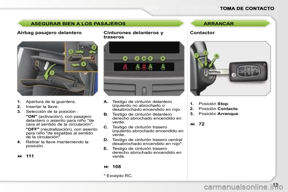 PEUGEOT 207 2007  Manual del propietario (in Spanish) �A�S�E�G�U�R�A�R� �B�I�E�N� �A� �L�O�S� �P�A�S�A�J�E�R�O�S
�A�i�r�b�a�g� �p�a�s�a�j�e�r�o� �d�e�l�a�n�t�e�r�o
�C�o�n�t�a�c�t�o�r
�1�.�  �A�p�e�r�t�u�r�a� �d�e� �l�a� �g�u�a�n�t�e�r�a�.
�2�.�  �I�n�s�e