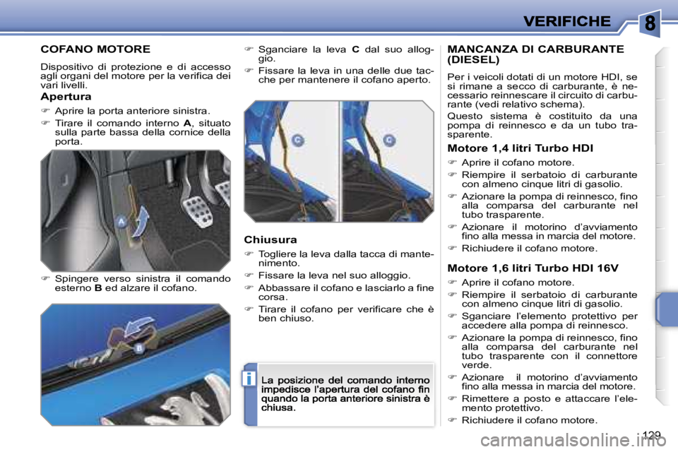 PEUGEOT 207 2007  Manuale duso (in Italian) �i
�1�2�9
�C�O�F�A�N�O� �M�O�T�O�R�E
�D�i�s�p�o�s�i�t�i�v�o�  �d�i�  �p�r�o�t�e�z�i�o�n�e�  �e�  �d�i�  �a�c�c�e�s�s�o� �a�g�l�i� �o�r�g�a�n�i� �d�e�l� �m�o�t�o�r�e� �p�e�r� �l�a� �v�e�r�i�f�i�c�a� �d