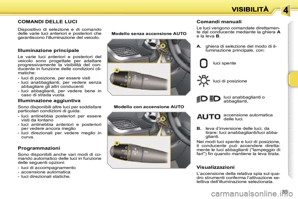 PEUGEOT 207 2007  Manuale duso (in Italian) �8�5
�C�O�M�A�N�D�I� �D�E�L�L�E� �L�U�C�I� 
�D�i�s�p�o�s�i�t�i�v�o�  �d�i�  �s�e�l�e�z�i�o�n�e�  �e�  �d�i�  �c�o�m�a�n�d�o� �d�e�l�l�e�  �v�a�r�i�e�  �l�u�c�i�  �a�n�t�e�r�i�o�r�i�  �e�  �p�o�s�t�e�r
