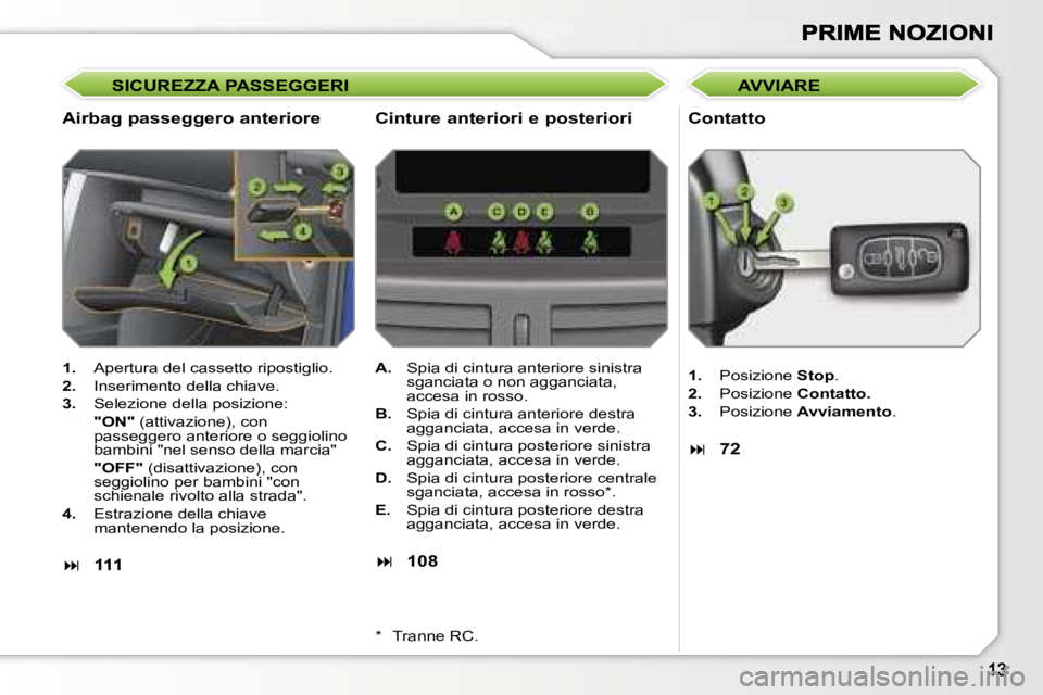 PEUGEOT 207 2007  Manuale duso (in Italian) �S�I�C�U�R�E�Z�Z�A� �P�A�S�S�E�G�G�E�R�I
�A�i�r�b�a�g� �p�a�s�s�e�g�g�e�r�o� �a�n�t�e�r�i�o�r�e �C�o�n�t�a�t�t�o
�1�.�  �A�p�e�r�t�u�r�a� �d�e�l� �c�a�s�s�e�t�t�o� �r�i�p�o�s�t�i�g�l�i�o�.
�2�.�  �I�n