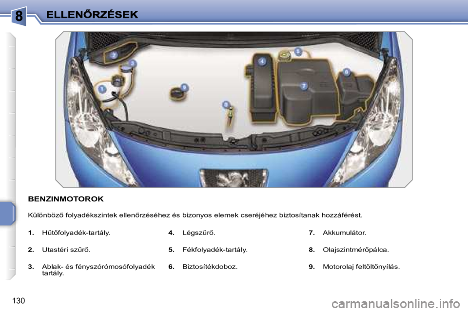 PEUGEOT 207 2007  Kezelési útmutató (in Hungarian) �1�3�0
�B�E�N�Z�I�N�M�O�T�O�R�O�K
�K�ü�l�ö�n�b�ö�z5� �f�o�l�y�a�d�é�k�s�z�i�n�t�e�k� �e�l�l�e�n5�r�z�é�s�é�h�e�z� �é�s� �b�i�z�o�n�y�o�s� �e�l�e�m�e�k� �c�s�e�r�é�j�é�h�e�z� �b�i�z�t�o�s�í