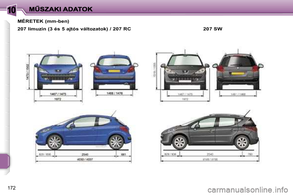 PEUGEOT 207 2007  Kezelési útmutató (in Hungarian) �1�0
�1�7�2
�M�É�R�E�T�E�K� �(�m�m�-�b�e�n�) 
�2�0�7� �l�i�m�u�z�i�n� �(�3� �é�s� �5� �a�j�t�ó�s� �v�á�l�t�o�z�a�t�o�k�)� �/� �2�0�7� �R�C �2�0�7� �S�W     