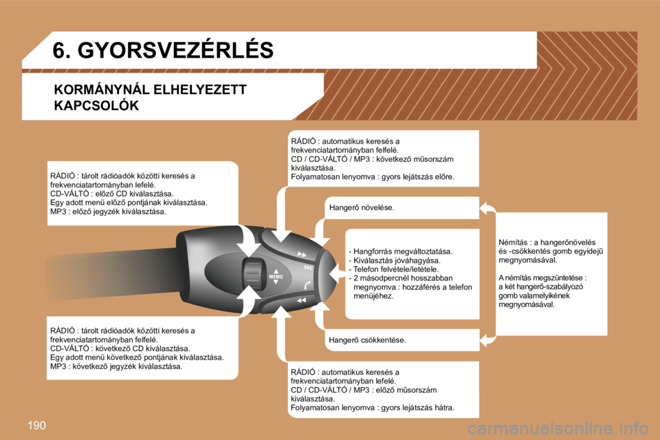 PEUGEOT 207 2007  Kezelési útmutató (in Hungarian) �1�9�0
�R�Á�D�I�Ó� �:� �t�á�r�o�l�t� �r�á�d�i�ó�a�d�ó�k� �k�ö�z�ö�t�t�i� �k�e�r�e�s�é�s� �a� �f�r�e�k�v�e�n�c�i�a�t�a�r�t�o�m�á�n�y�b�a�n� �l�e�f�e�l�é�.�C�D�-�V�Á�L�T�Ó� �:� �e�l5�z5� 