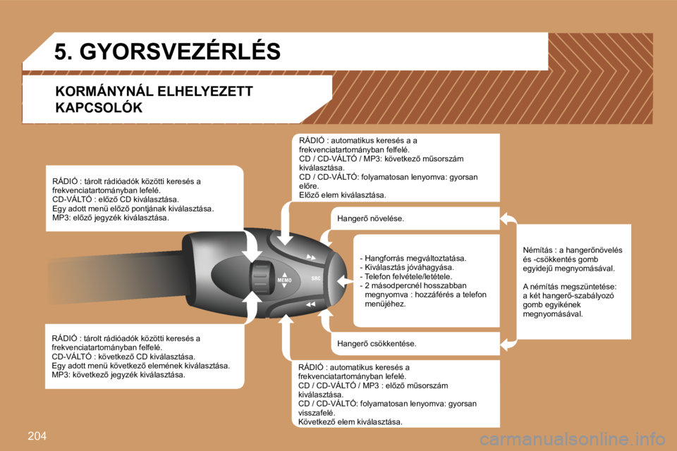 PEUGEOT 207 2007  Kezelési útmutató (in Hungarian) �2�0�4
�R�Á�D�I�Ó� �:� �t�á�r�o�l�t� �r�á�d�i�ó�a�d�ó�k� �k�ö�z�ö�t�t�i� �k�e�r�e�s�é�s� �a� �f�r�e�k�v�e�n�c�i�a�t�a�r�t�o�m�á�n�y�b�a�n� �f�e�l�f�e�l�é�.�C�D�-�V�Á�L�T�Ó� �:� �k�ö�v�e�