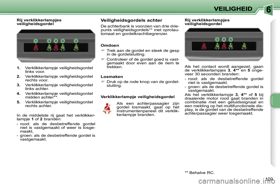 PEUGEOT 207 2007  Instructieboekje (in Dutch) �1�0�9
�1�.� �V�e�r�k�l�i�k�k�e�r�l�a�m�p�j�e� �v�e�i�l�i�g�h�e�i�d�s�g�o�r�d�e�l� �l�i�n�k�s� �v�o�o�r�.
�2�.� �V�e�r�k�l�i�k�k�e�r�l�a�m�p�j�e� �v�e�i�l�i�g�h�e�i�d�s�g�o�r�d�e�l� �r�e�c�h�t�s� �v�o