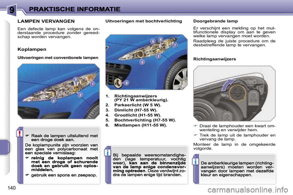 PEUGEOT 207 2007  Instructieboekje (in Dutch) �!
�i
�i
�1�4�0
�L�A�M�P�E�N� �V�E�R�V�A�N�G�E�N
�E�e�n�  �d�e�f�e�c�t�e�  �l�a�m�p�  �k�a�n�  �v�o�l�g�e�n�s�  �d�e�  �o�n�-�d�e�r�s�t�a�a�n�d�e�  �p�r�o�c�e�d�u�r�e�  �z�o�n�d�e�r�  �g�e�r�e�e�d�-�s