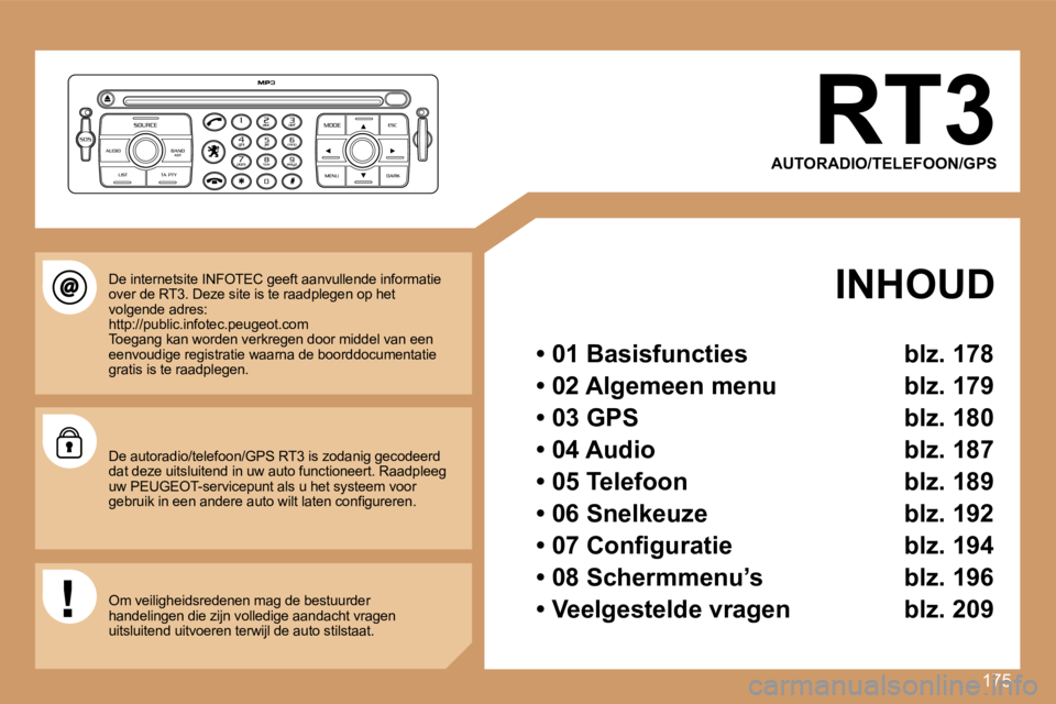 PEUGEOT 207 2007  Instructieboekje (in Dutch) �1�7�5
�R�T�3
�A�U�T�O�R�A�D�I�O�/�T�E�L�E�F�O�O�N�/�G�P�S
�I�N�H�O�U�D
�•� �0�1� �B�a�s�i�s�f�u�n�c�t�i�e�s�  �b�l�z�.� �1�7�8
�•� �0�2� �A�l�g�e�m�e�e�n� �m�e�n�u�  �b�l�z�.� �1�7�9
�•� �0�3� 