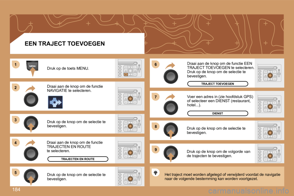 PEUGEOT 207 2007  Instructieboekje (in Dutch) �1�8�4
�1�1
�2�2
�3�3
�4�4
�6�6
�5�5
�7�7
�8�8
�9�9
�E�E�N� �T�R�A�J�E�C�T� �T�O�E�V�O�E�G�E�N� 
�D�r�u�k� �o�p� �d�e� �t�o�e�t�s� �M�E�N�U�.
�D�r�a�a�i� �a�a�n� �d�e� �k�n�o�p� �o�m� �d�e� �f�u�n�c�t