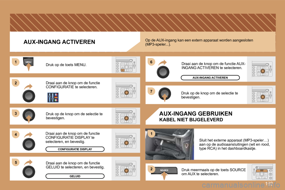 PEUGEOT 207 2007  Instructieboekje (in Dutch) �1�9�3
�2�2
�3�3
�4�4
�5�5
�6�6
�7�7
�1�1
�1�1
�2�2
�A�U�X�-�I�N�G�A�N�G� �A�C�T�I�V�E�R�E�N
�D�r�u�k� �o�p� �d�e� �t�o�e�t�s� �M�E�N�U�.� 
�D�r�a�a�i� �a�a�n� �d�e� �k�n�o�p� �o�m� �d�e� �f�u�n�c�t�i