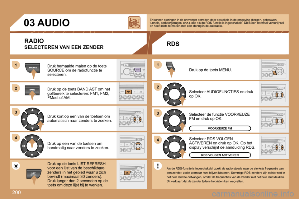 PEUGEOT 207 2007  Instructieboekje (in Dutch) �2�0�0
�1�1
�2�2
�3�3
�4�4
�2�2
�4�4
�3�3
�1�1
�0�3� �A�U�D�I�O
�R�A�D�I�O
�S�E�L�E�C�T�E�R�E�N� �V�A�N� �E�E�N� �Z�E�N�D�E�R
�D�r�u�k� �h�e�r�h�a�a�l�d�e� �m�a�l�e�n� �o�p� �d�e� �t�o�e�t�s� �S�O�U�R