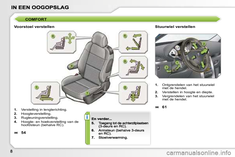 PEUGEOT 207 2007  Instructieboekje (in Dutch) �i
�C�O�M�F�O�R�T
�V�o�o�r�s�t�o�e�l� �v�e�r�s�t�e�l�l�e�n�S�t�u�u�r�w�i�e�l� �v�e�r�s�t�e�l�l�e�n
�1�.�  �V�e�r�s�t�e�l�l�i�n�g� �i�n� �l�e�n�g�t�e�r�i�c�h�t�i�n�g�.
�2�.�  �H�o�o�g�t�e�v�e�r�s�t�e�l