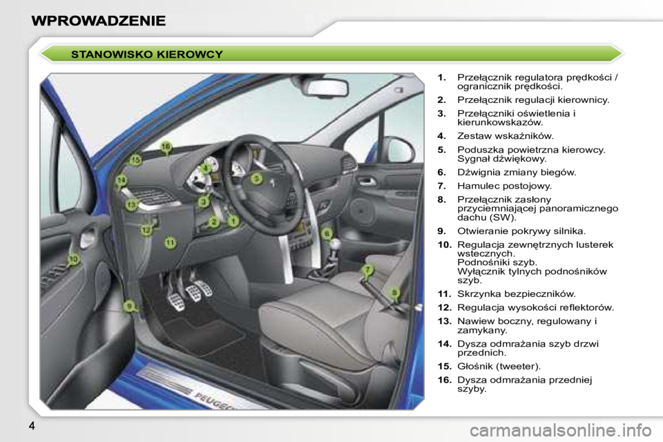 PEUGEOT 207 2007  Instrukcja obsługi (in Polish) �S�T�A�N�O�W�I�S�K�O� �K�I�E�R�O�W�C�Y
�1�.�  �P�r�z�e�ł"�c�z�n�i�k� �r�e�g�u�l�a�t�o�r�a� �p�r
�d�k�o;�c�i� �/� �o�g�r�a�n�i�c�z�n�i�k� �p�r
�d�k�o;�c�i�.
�2�.�  �P�r�z�e�ł"�c�z�n�i�k