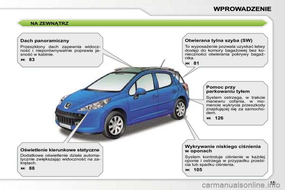 PEUGEOT 207 2007  Instrukcja obsługi (in Polish) �N�A� �Z�E�W�N!�T�R�Z
�D�a�c�h� �p�a�n�o�r�a�m�i�c�z�n�y
�P�r�z�e�s�z�k�l�o�n�y�  �d�a�c�h�  �z�a�p�e�w�n�i�a�  �w�i�d�o�c�z�-�n�o;�ć�  �i�  �n�i�e�p�o�r�ó�w�n�y�w�a�l�n�i�e�  �p�o�p�r�a�w�i�a�  �