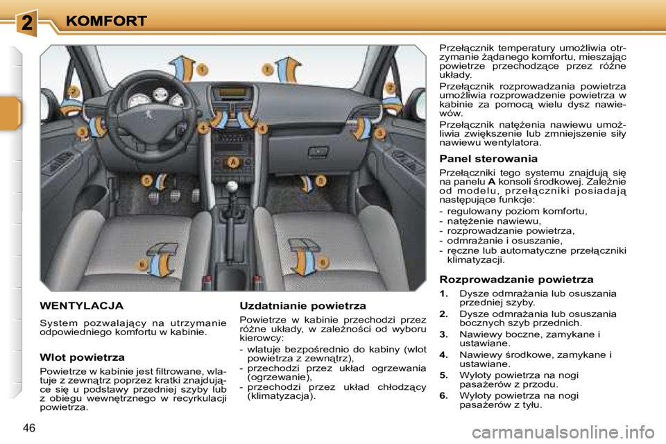PEUGEOT 207 2007  Instrukcja obsługi (in Polish) �4�6
�W�E�N�T�Y�L�A�C�J�A
�S�y�s�t�e�m�  �p�o�z�w�a�l�a�j"�c�y�  �n�a�  �u�t�r�z�y�m�a�n�i�e� �o�d�p�o�w�i�e�d�n�i�e�g�o� �k�o�m�f�o�r�t�u� �w� �k�a�b�i�n�i�e�.
�U�z�d�a�t�n�i�a�n�i�e� �p�o�w�i�e