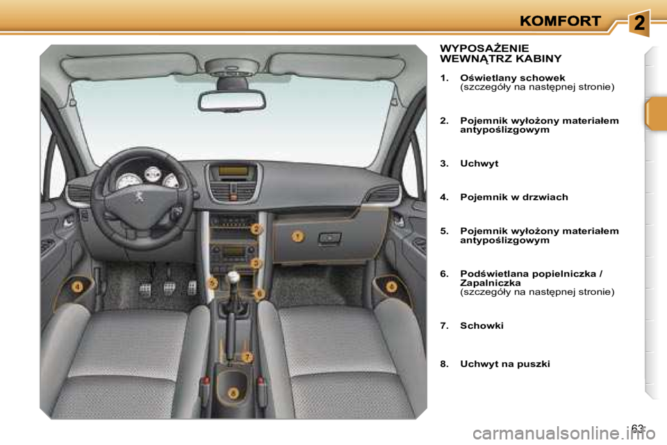 PEUGEOT 207 2007  Instrukcja obsługi (in Polish) �6�3
�W�Y�P�O�S�AF�E�N�I�E�  
�W�E�W�N!�T�R�Z� �K�A�B�I�N�Y
�1�.�  �O�w�i�e�t�l�a�n�y� �s�c�h�o�w�e�k�(�s�z�c�z�e�g�ó�ł�y� �n�a� �n�a�s�t
�p�n�e�j� �s�t�r�o�n�i�e�)
�2�.�  �P�o�j�e�m�n�i�k� �w�