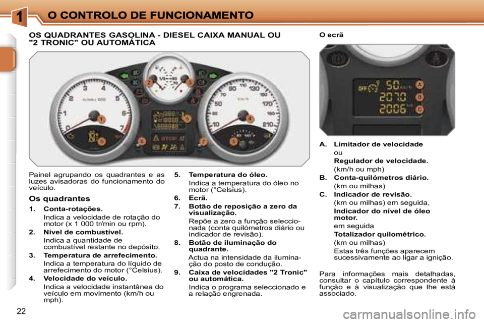 PEUGEOT 207 2007  Manual de utilização (in Portuguese) �2�2
�O�S� �Q�U�A�D�R�A�N�T�E�S� �G�A�S�O�L�I�N�A� �-� �D�I�E�S�E�L� �C�A�I�X�A� �M�A�N�U�A�L� �O�U�  
�"�2� �T�R�O�N�I�C�"� �O�U� �A�U�T�O�M�Á�T�I�C�A
�P�a�i�n�e�l�  �a�g�r�u�p�a�n�d�o�  �o�