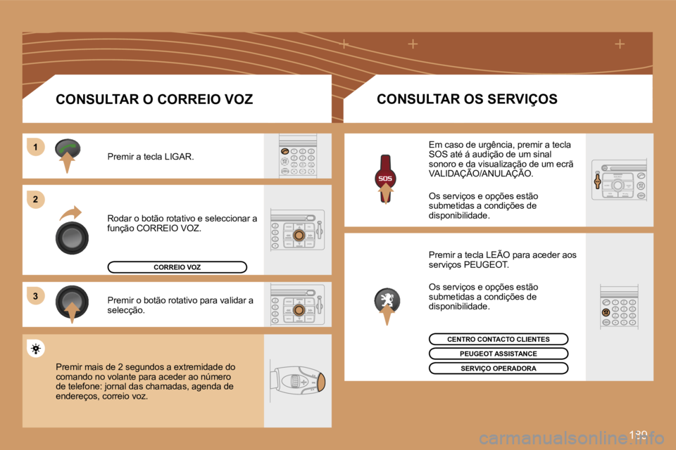 PEUGEOT 207 2007  Manual de utilização (in Portuguese) �1�8�9
�1�1
�2�2
�3�3
�R�o�d�a�r� �o� �b�o�t�ã�o� �r�o�t�a�t�i�v�o� �e� �s�e�l�e�c�c�i�o�n�a�r� �a� �f�u�n�ç�ã�o� �C�O�R�R�E�I�O� �V�O�Z�.
�P�r�e�m�i�r� �a� �t�e�c�l�a� �L�I�G�A�R�.
�P�r�e�m�i�r� �