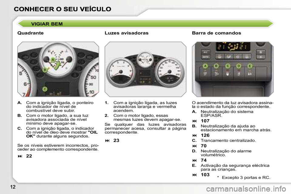 PEUGEOT 207 2007  Manual de utilização (in Portuguese) �V�I�G�I�A�R� �B�E�M� 
�Q�u�a�d�r�a�n�t�e
�B�a�r�r�a� �d�e� �c�o�m�a�n�d�o�s
�A�.�  �C�o�m� �a� �i�g�n�i�ç�ã�o� �l�i�g�a�d�a�,� �o� �p�o�n�t�e�i�r�o� �d�o� �i�n�d�i�c�a�d�o�r� �d�e� �n�í�v�e�l� �d�