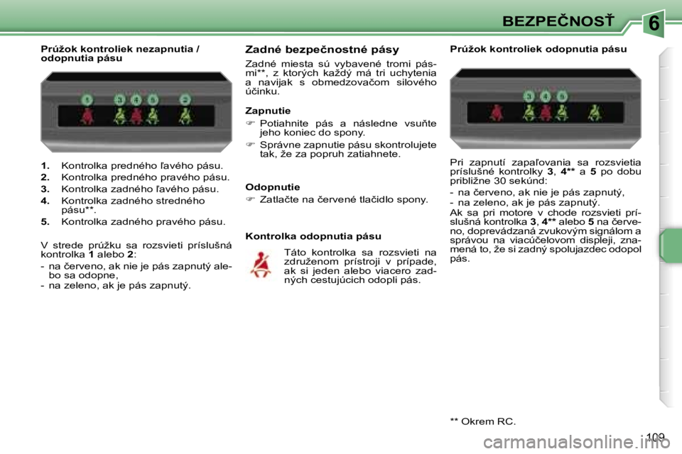 PEUGEOT 207 2007  Návod na použitie (in Slovakian) �6�B�E�Z�P�E�Č�N�O�S>
�1�0�9
�1�.� �K�o�n�t�r�o�l�k�a� �p�r�e�d�n�é�h�o� -�a�v�é�h�o� �p�á�s�u�.
�2�.�  �K�o�n�t�r�o�l�k�a� �p�r�e�d�n�é�h�o� �p�r�a�v�é�h�o� �p�á�s�u�.
�3�.�  �K�o�n�t�r�o�l�