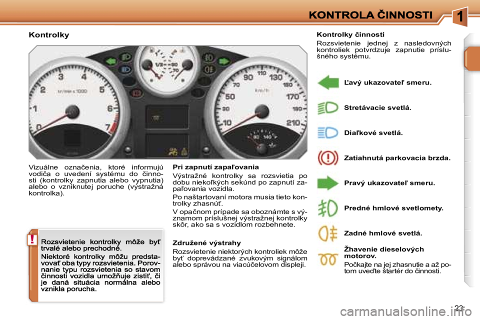 PEUGEOT 207 2007  Návod na použitie (in Slovakian) �!
�2�3
�K�o�n�t�r�o�l�k�y
�V�i�z�u�á�l�n�e�  �o�z�n�a�č�e�n�i�a�,�  �k�t�o�r�é�  �i�n�f�o�r�m�u�j�ú� �v�o�d�i�č�a�  �o�  �u�v�e�d�e�n�í�  �s�y�s�t�é�m�u�  �d�o�  �č�i�n�n�o�-�s�t�i�  �(�k�o�n