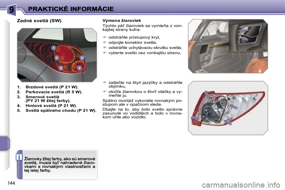 PEUGEOT 207 2007  Návod na použitie (in Slovakian) �i
�1�4�4
�Z�a�d�n�é� �s�v�e�t�l�á� �(�S�W�)
�1�.�  �B�r�z�d�o�v�é� �s�v�e�t�l�á� �(�P� �2�1� �W�)�.
�2�.�  �P�a�r�k�o�v�a�c�i�e� �s�v�e�t�l�á� �(�R� �5� �W�)�.
�3�.�  �S�m�e�r�o�v�é� �s�v�e�t�l