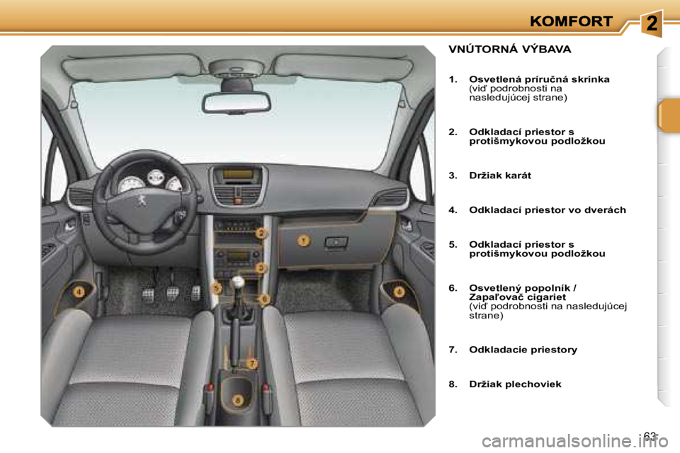 PEUGEOT 207 2007  Návod na použitie (in Slovakian) �6�3
�V�N�Ú�T�O�R�N�Á� �V�Ý�B�A�V�A
�1�.�  �O�s�v�e�t�l�e�n�á� �p�r�í�r�u�č�n�á� �s�k�r�i�n�k�a�(�v�i� �p�o�d�r�o�b�n�o�s�t�i� �n�a� �n�a�s�l�e�d�u�j�ú�c�e�j� �s�t�r�a�n�e�)
�2�.�  �O�d�k�l�