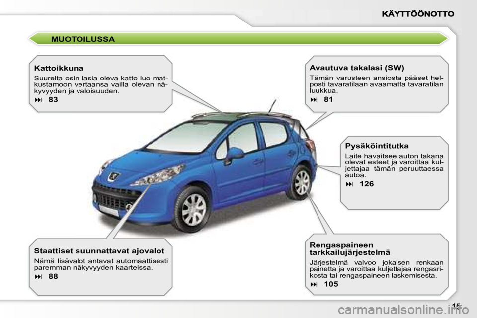 PEUGEOT 207 2007  Omistajan Käsikirja (in Finnish) �M�U�O�T�O�I�L�U�S�S�A
�K�a�t�t�o�i�k�k�u�n�a
�S�u�u�r�e�l�t�a� �o�s�i�n� �l�a�s�i�a� �o�l�e�v�a� �k�a�t�t�o� �l�u�o� �m�a�t�-�k�u�s�t�a�m�o�o�n�  �v�e�r�t�a�a�n�s�a�  �v�a�i�l�l�a�  �o�l�e�v�a�n�  �n