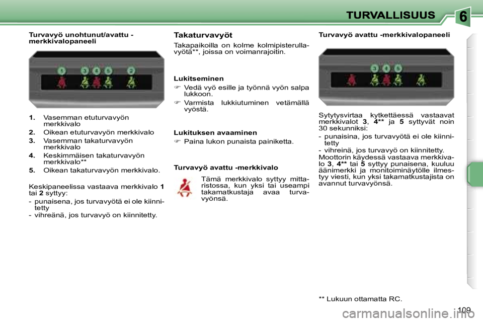 PEUGEOT 207 2007  Omistajan Käsikirja (in Finnish) �1�0�9
�1�.� �V�a�s�e�m�m�a�n� �e�t�u�t�u�r�v�a�v�y�ö�n� �m�e�r�k�k�i�v�a�l�o
�2�.� �O�i�k�e�a�n� �e�t�u�t�u�r�v�a�v�y�ö�n� �m�e�r�k�k�i�v�a�l�o
�3�.� �V�a�s�e�m�m�a�n� �t�a�k�a�t�u�r�v�a�v�y�ö�n� 