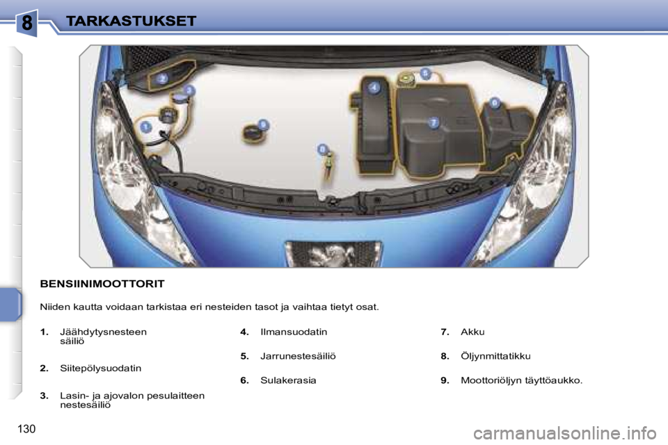 PEUGEOT 207 2007  Omistajan Käsikirja (in Finnish) �1�3�0
�B�E�N�S�I�I�N�I�M�O�O�T�T�O�R�I�T
�N�i�i�d�e�n� �k�a�u�t�t�a� �v�o�i�d�a�a�n� �t�a�r�k�i�s�t�a�a� �e�r�i� �n�e�s�t�e�i�d�e�n� �t�a�s�o�t� �j�a� �v�a�i�h�t�a�a� �t�i�e�t�y�t� �o�s�a�t�.
�1�.�  