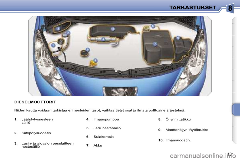 PEUGEOT 207 2007  Omistajan Käsikirja (in Finnish) �1�3�1
�D�I�E�S�E�L�M�O�O�T�T�O�R�I�T
�N�i�i�d�e�n� �k�a�u�t�t�a� �v�o�i�d�a�a�n� �t�a�r�k�i�s�t�a�a� �e�r�i� �n�e�s�t�e�i�d�e�n� �t�a�s�o�t�,� �v�a�i�h�t�a�a� �t�i�e�t�y�t� �o�s�a�t� �j�a� �i�l�m�a�t