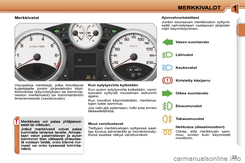 PEUGEOT 207 2007  Omistajan Käsikirja (in Finnish) �!
�2�3
�M�e�r�k�k�i�v�a�l�o�t
�V�i�s�u�a�a�l�i�s�i�a�  �m�e�r�k�k�e�j�ä�,�  �j�o�t�k�a�  �i�l�m�o�i�t�t�a�v�a�t� �k�u�l�j�e�t�t�a�j�a�l�l�e�  �j�o�n�k�i�n�  �j�ä�r�j�e�s�t�e�l�m�ä�n�  �k�ä�y�t�-�