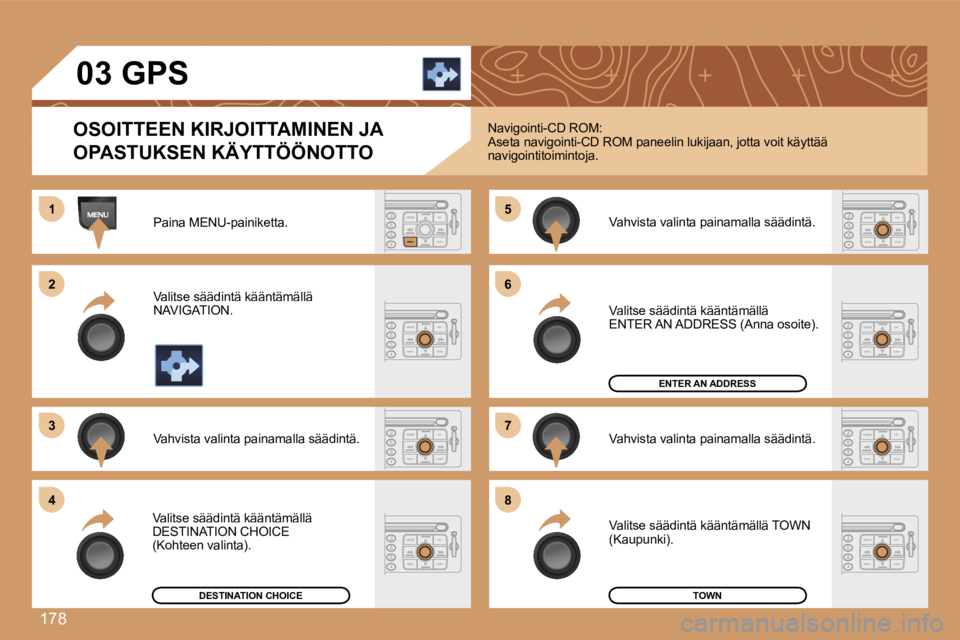 PEUGEOT 207 2007  Omistajan Käsikirja (in Finnish) �1�7�8
�1�1
�2�2
�3�3
�5�5
�7�7
�4�4
�6�6
�8�8
�0�3� �G�P�S
�O�S�O�I�T�T�E�E�N� �K�I�R�J�O�I�T�T�A�M�I�N�E�N� �J�A� 
�O�P�A�S�T�U�K�S�E�N� �K�Ä�Y�T�T�Ö�Ö�N�O�T�T�O
�P�a�i�n�a� �M�E�N�U�-�p�a�i�n�i�