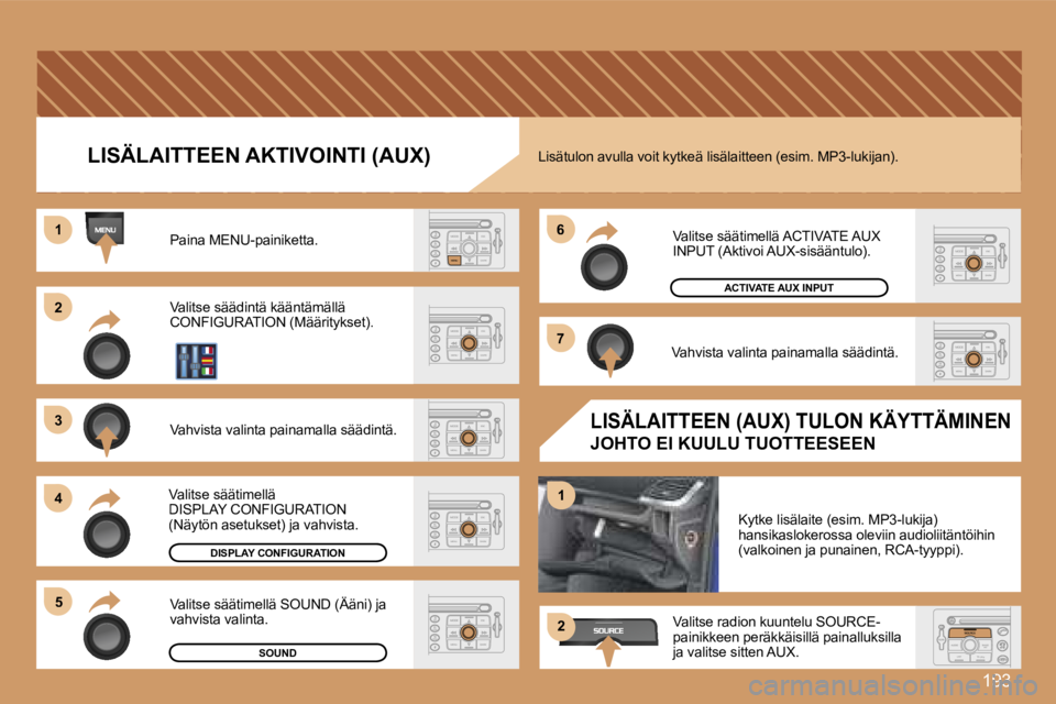 PEUGEOT 207 2007  Omistajan Käsikirja (in Finnish) �1�9�3
�2�2
�3�3
�4�4
�5�5
�6�6
�7�7
�1�1
�1�1
�2�2
�L�I�S�Ä�L�A�I�T�T�E�E�N� �A�K�T�I�V�O�I�N�T�I� �(�A�U�X�)
�P�a�i�n�a� �M�E�N�U�-�p�a�i�n�i�k�e�t�t�a�.� 
�V�a�l�i�t�s�e� �s�ä�ä�d�i�n�t�ä� �k�