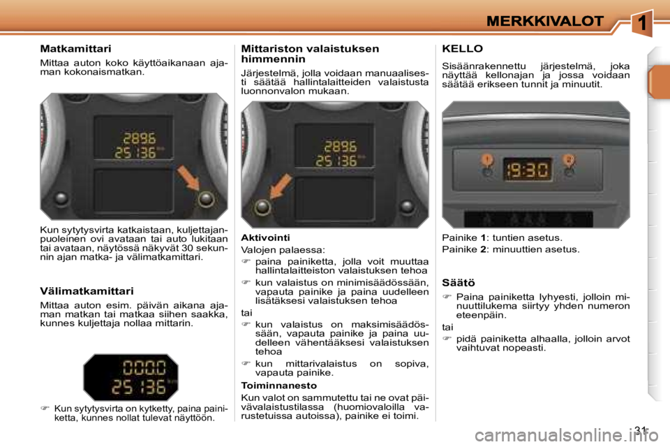 PEUGEOT 207 2007  Omistajan Käsikirja (in Finnish) �3�1
�M�a�t�k�a�m�i�t�t�a�r�i
�M�i�t�t�a�a�  �a�u�t�o�n�  �k�o�k�o�  �k�ä�y�t�t�ö�a�i�k�a�n�a�a�n�  �a�j�a�-�m�a�n� �k�o�k�o�n�a�i�s�m�a�t�k�a�n�.
�M�i�t�t�a�r�i�s�t�o�n� �v�a�l�a�i�s�t�u�k�s�e�n� �